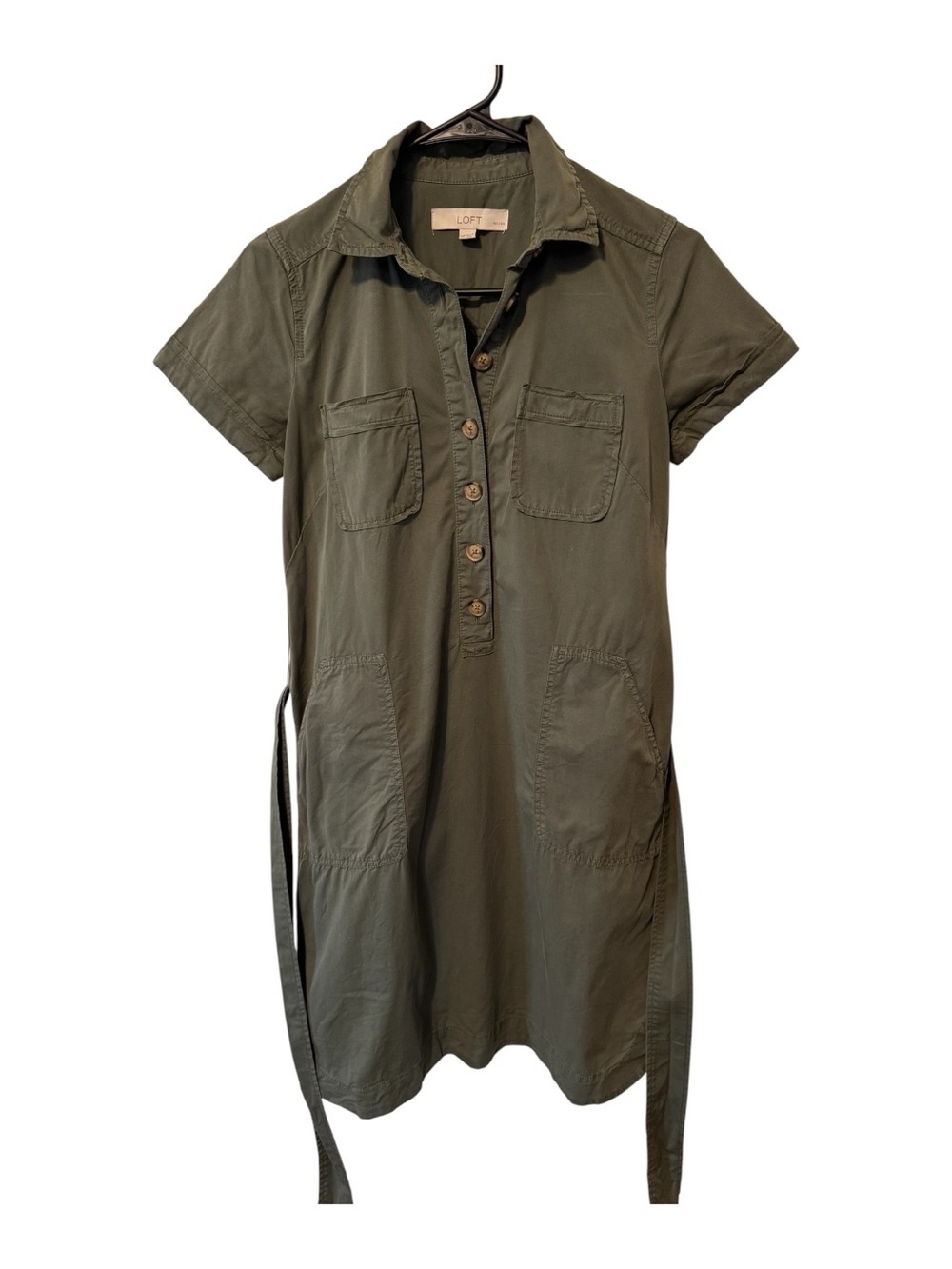 LOFT Olive Green Utility Shirt Dress with Waist Ties Size XXS Oversized